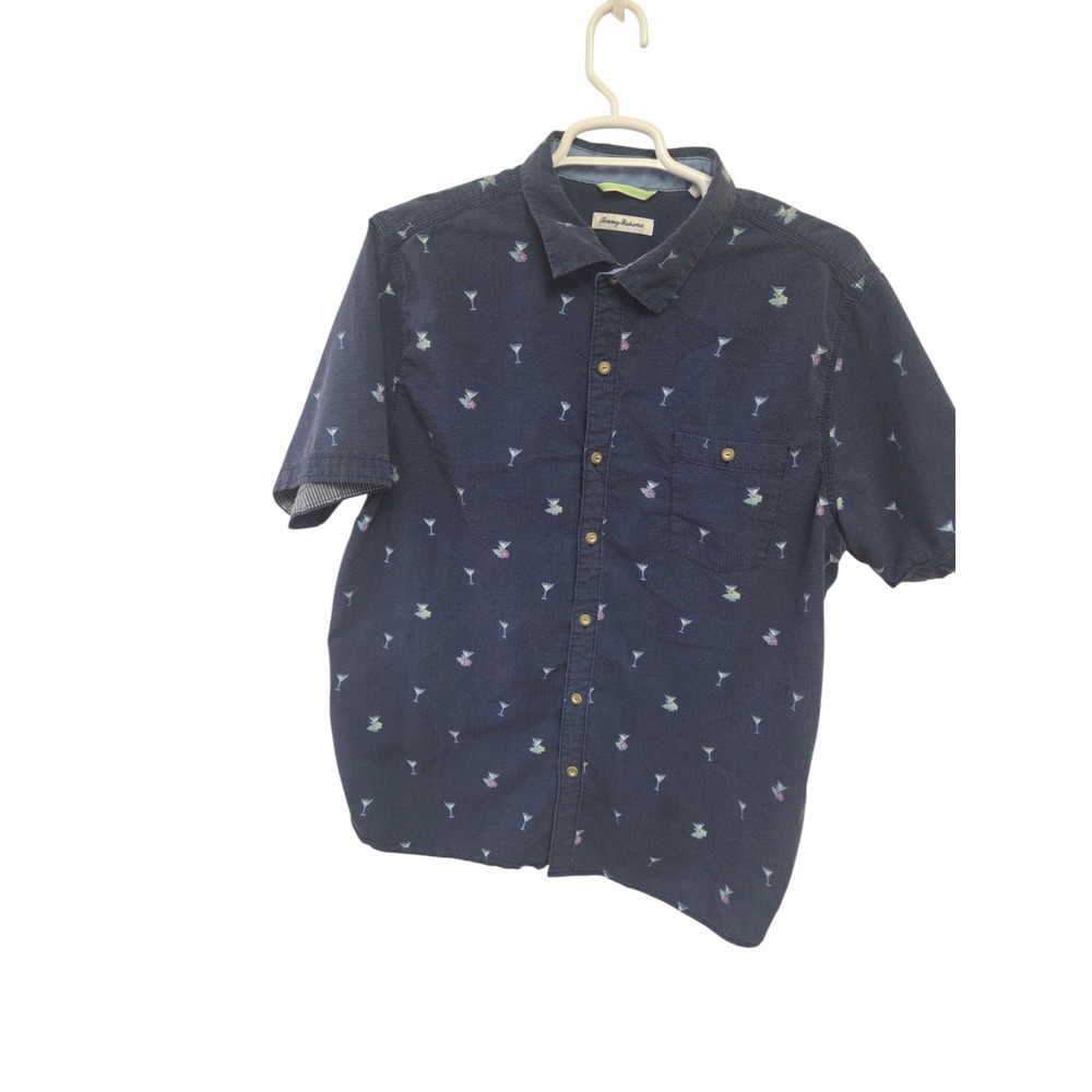 Tommy Bahama Mens XXL Navy Blue Martini Cocktail Embroidered Short Sleeve Shirt‎